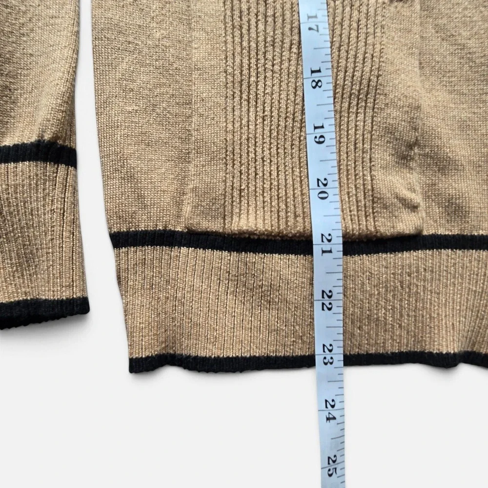 Verve Ami Tan Open Front Cardigan Black Trim Women M Ribbed Fine Knit Pockets